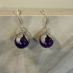 Elegant Silver Leaf Purple Earrings